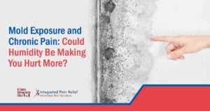 Image of mold (Aspergillus) with a hand pointing to the black growth, featuring A Family Chiropractic Clinic and highlighting the connection between mold exposure, chronic pain, and the impact of humidity on health.