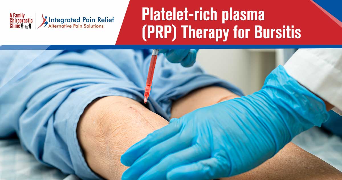 An Asian doctor performs a Platelet-Rich Plasma (PRP) therapy injection into a patient's knee at A Family Chiropractic Clinic, focusing on treating Bursitis with Hyaluronic Acid and PRP to promote healing and pain relief.