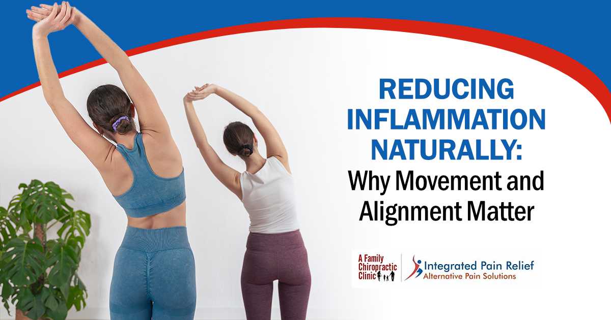 Image of a back view of a Caucasian woman stretching her arms in a side-bending yoga pose indoors, featuring A Family Chiropractic Clinic and highlighting reducing inflammation naturally through movement and alignment.