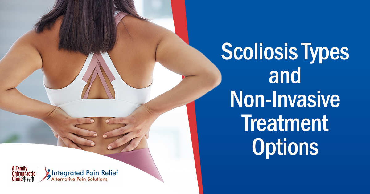 Image of a woman holding her back in pain from a fitness injury, symbolizing muscle inflammation or spine issues, featuring A Family Chiropractic Clinic and highlighting scoliosis types and non-invasive treatment options.