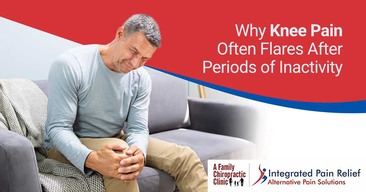 Man holding his knee in discomfort, highlighting knee pain after inactivity, featured by A Family Chiropractic Clinic, explaining why knee pain often flares following periods of rest.