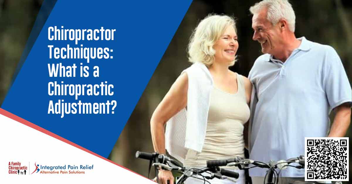 Graphic about chiropractic adjustment techniques alongside an older couple riding bicycles.