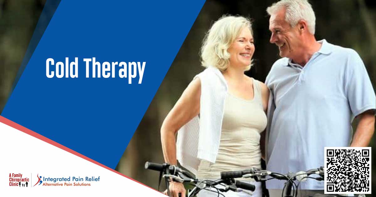 Cold Therapy for Pain Graphic identifying cold therapy alongside an older couple riding bicycles.