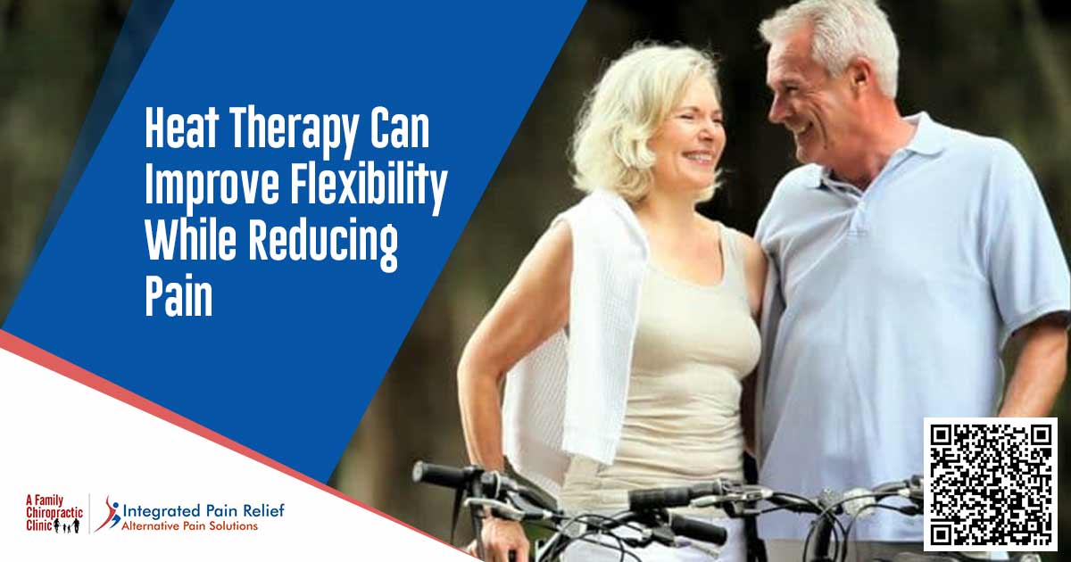 Heat Therapy and Flexibility Graphic identifying heat therapy alongside an older couple riding bicycles.