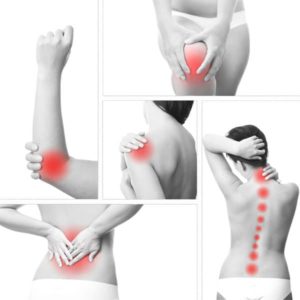 Close up black and white images of the human body with common pain areas highlighted in red featuring the thigh, elbow, shoulder, lower back, and upper back and neck.