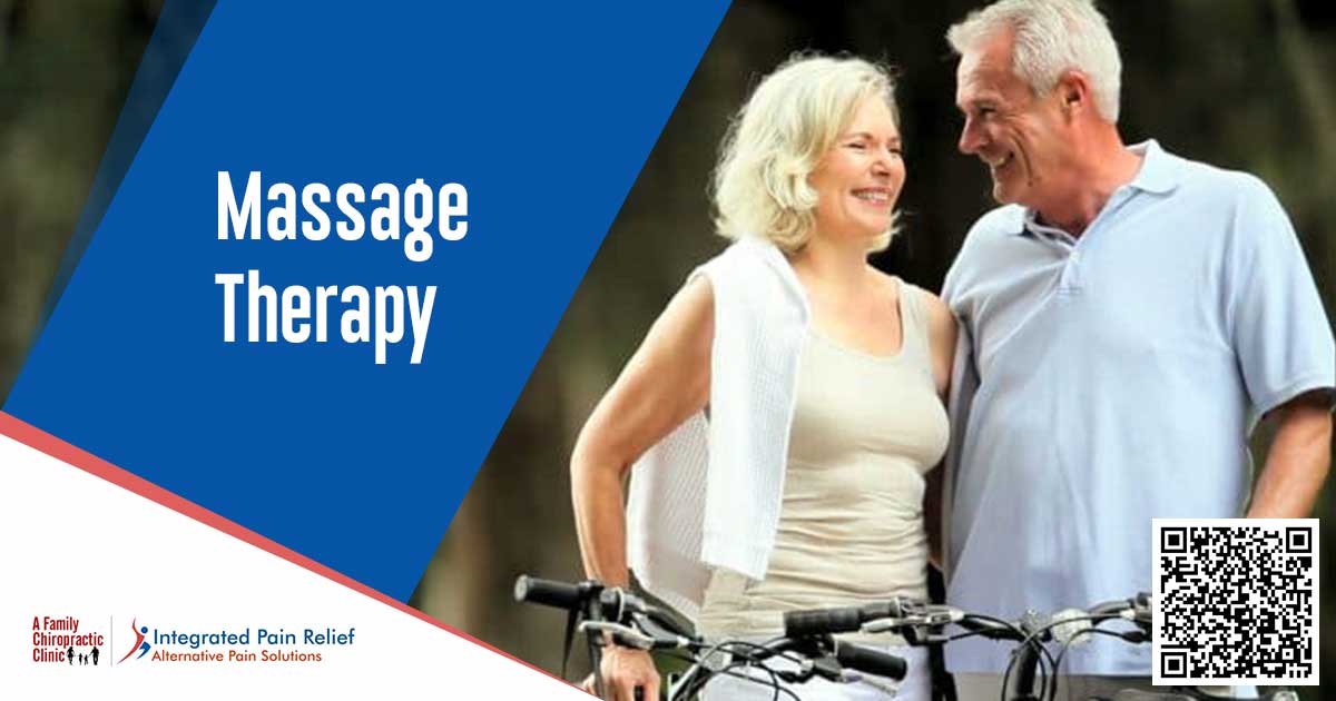 Graphic identifying massage therapy alongside an older couple riding bicycles.