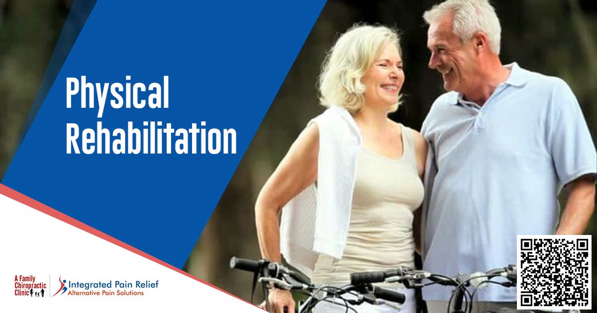 Graphic identifying physical rehabilitation alongside an older couple riding bicycles.