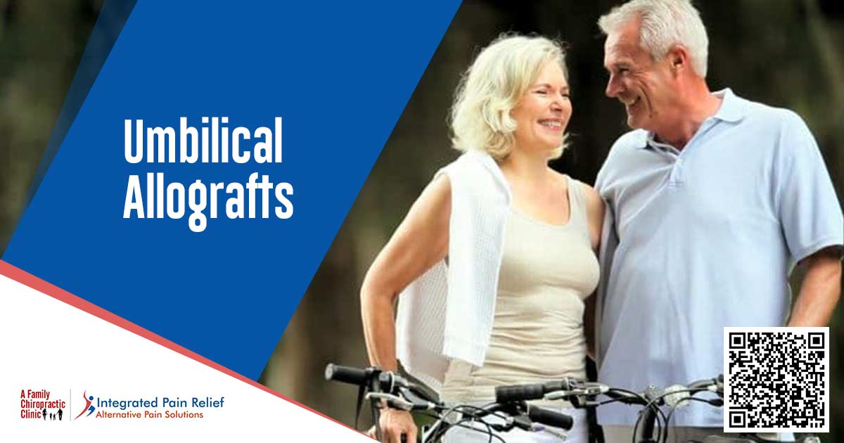 Umbilical Allografts Graphic identifying umbilical allografts alongside an older couple riding bicycles.